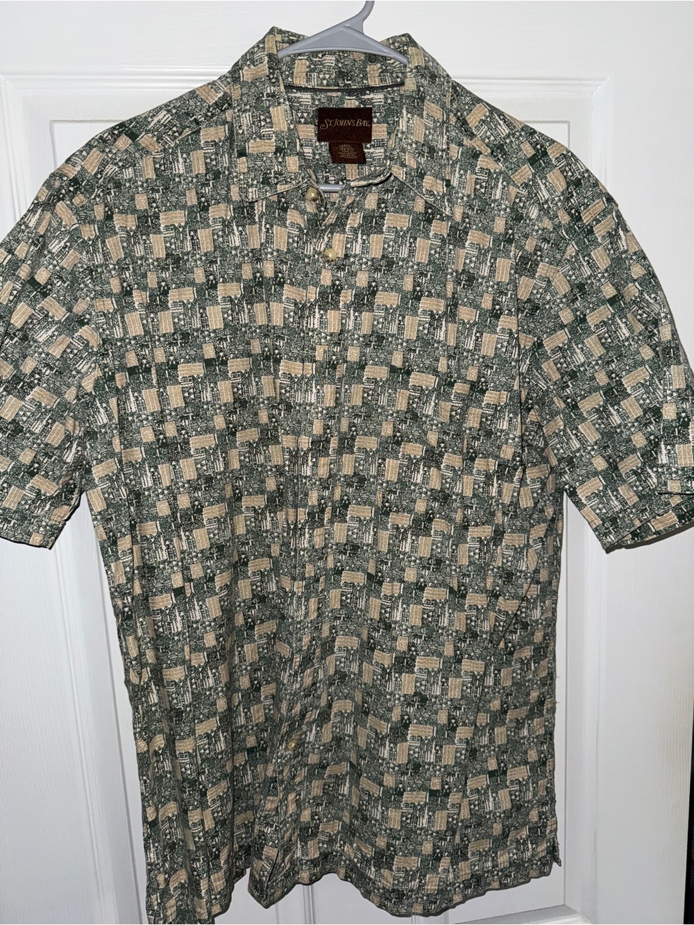 St. John's Bay Green and Beige Checkered Short Sleeve Polo